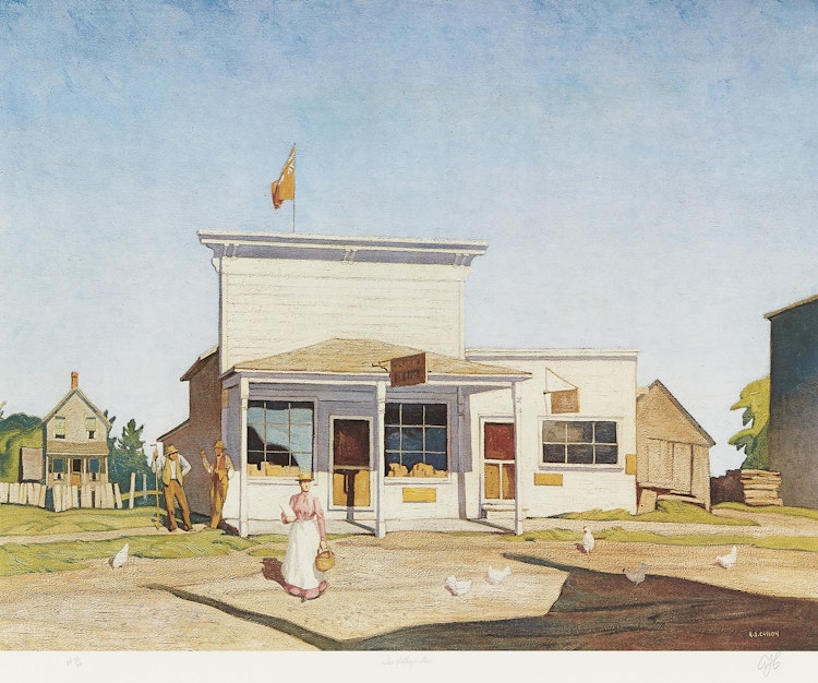 Artwork by Alfred Joseph Casson, Sunday Morning; On the York River; The Village Store