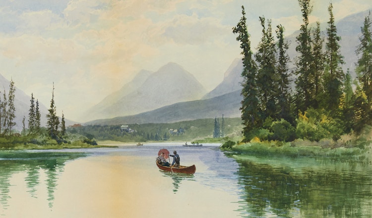 Artwork by Frederic Marlett Bell-Smith, Canoeing in the Rockies