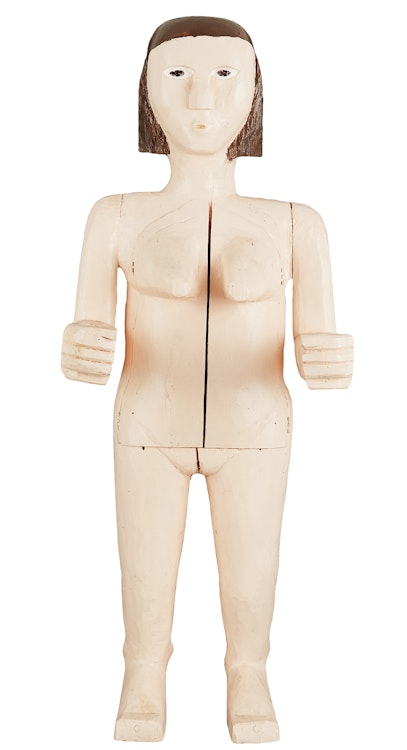 Artwork by Clarence “Bubby” Mooers, Folk art carving of nude female figure with hinged front