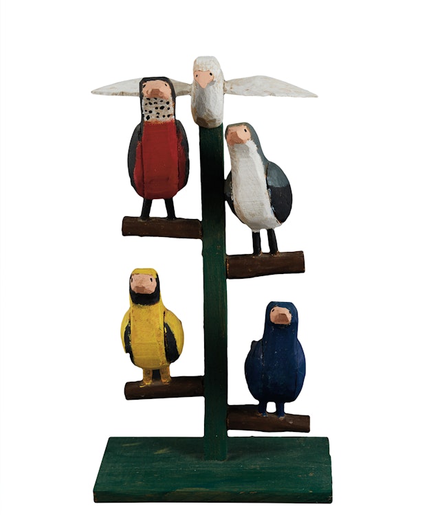 Artwork by Thomas Rector, Five Birds on a Perch