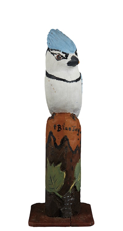 Artwork by 20th Century Canadian Folk artist, Blue Jay, perched