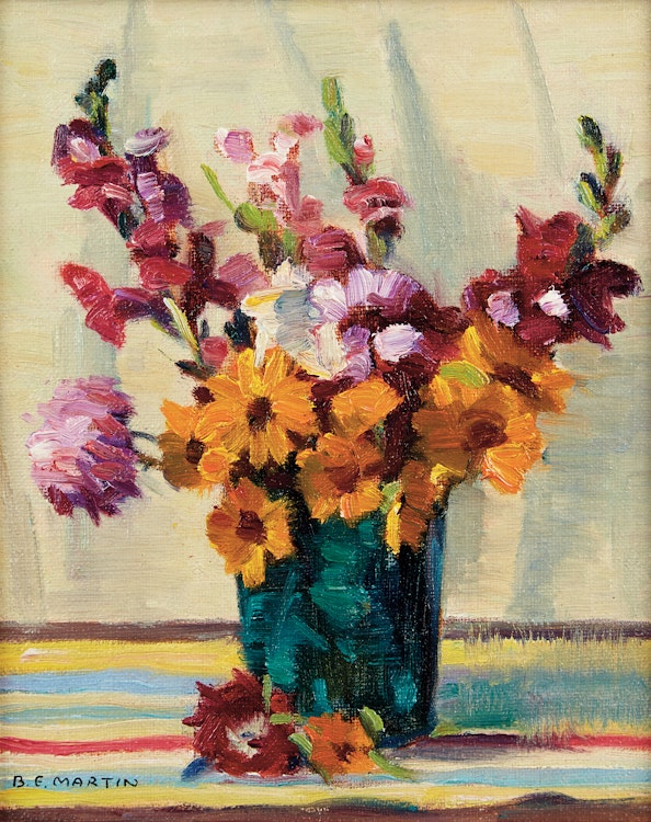 Artwork by Bernice Fenwick Martin,  Blue Glass Jug and Flowers