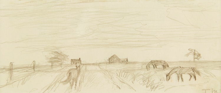 Artwork by Thoreau MacDonald, Three Horses in a Field