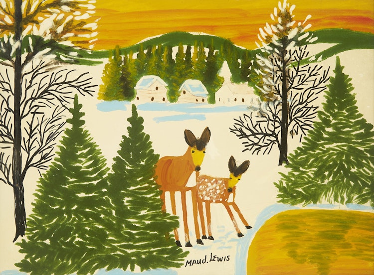 Artwork by Maud Lewis,  Deer by a Pond