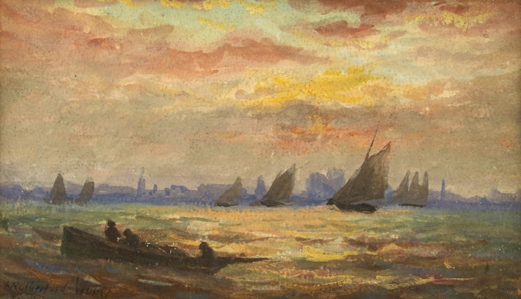 Artwork by Arthur Rutherford Wilbur, Boating at the Foot of the City