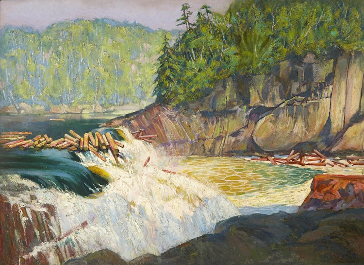 Artwork by Auguste Bleser Jr.,  Log Drive, 1921