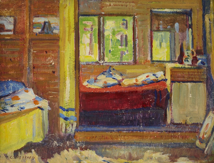 Artwork by Peter Clapham Sheppard,  Cottage Interior, Prospect Lake, 1944