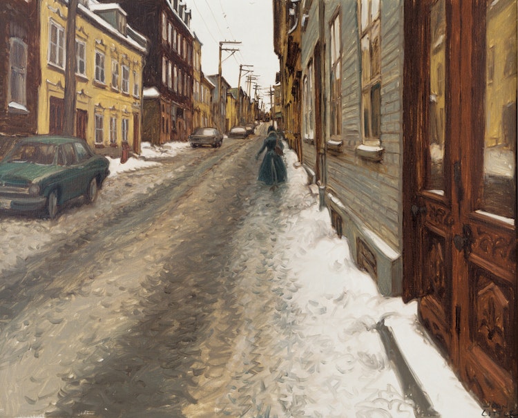Artwork by John Geoffrey Caruthers Little, Dimanche matin, rue St. Olivier entre côte St. Augustin et côte Ste. Geneviève, Quebec