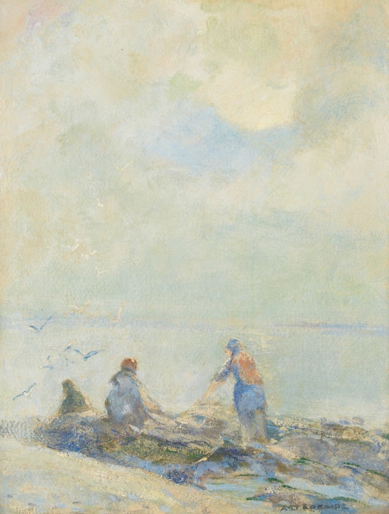 Artwork by Arthur Dominique Rozaire,  Misty Morning, Clam Diggers St. Lawrence