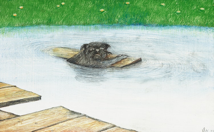 Artwork by William Kurelek,  I Hate Water (A Cat’s Loss of Dignity)