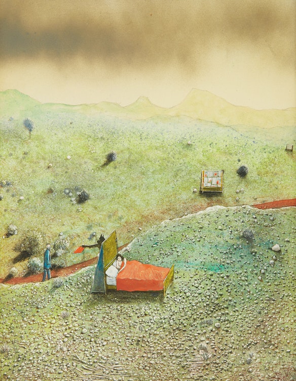 Artwork by William Kurelek, Pornographic Reading (Temptations in the Desert Series)