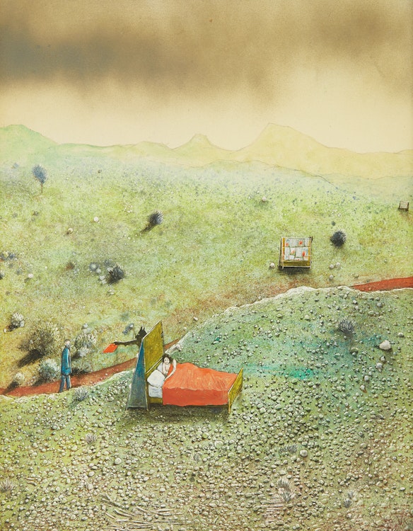 Artwork by William Kurelek,  Pornographic Reading (Temptations in the Desert Series)