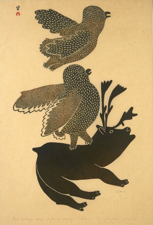 Artwork by Pitseolak Ashoona, Snow Buntings Return to Caribou Country
