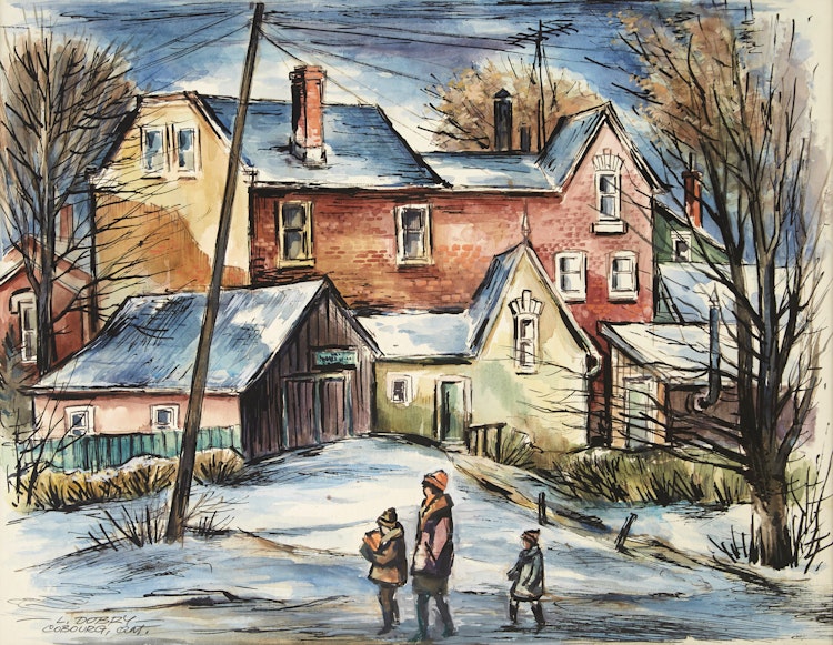 Artwork by Louis  Dobry,  Toronto, Ont., Greenwood Ave. at Sanford Ave.; Houses in Winter, Toronto, Ont.; Toronto, Ont.; Toronto, Ont., Queen St. W.- Jamison Ave Area; Cobourg, Ont.