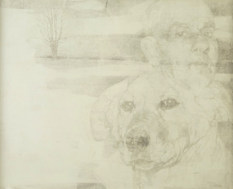 Artwork by Sally Wildman, Portrait of Dog and Man