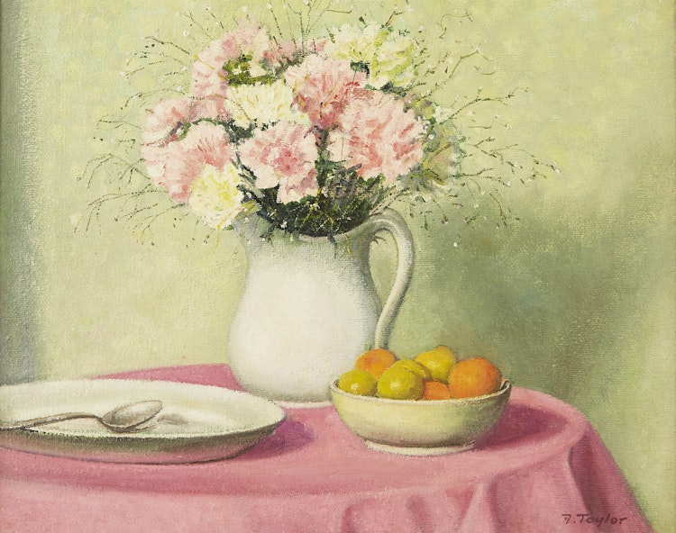 Artwork by Frederick Bourchier Taylor, Carnations, Peaches and Plums