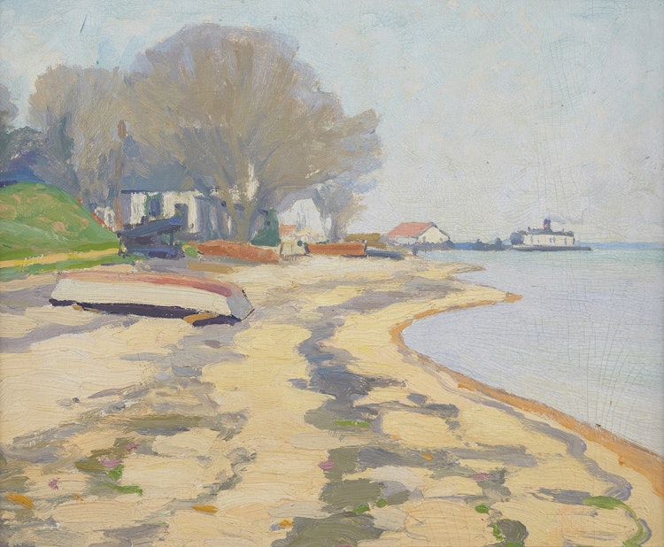 Artwork by Frederick Stanley Haines, Beach Scene with Ferry