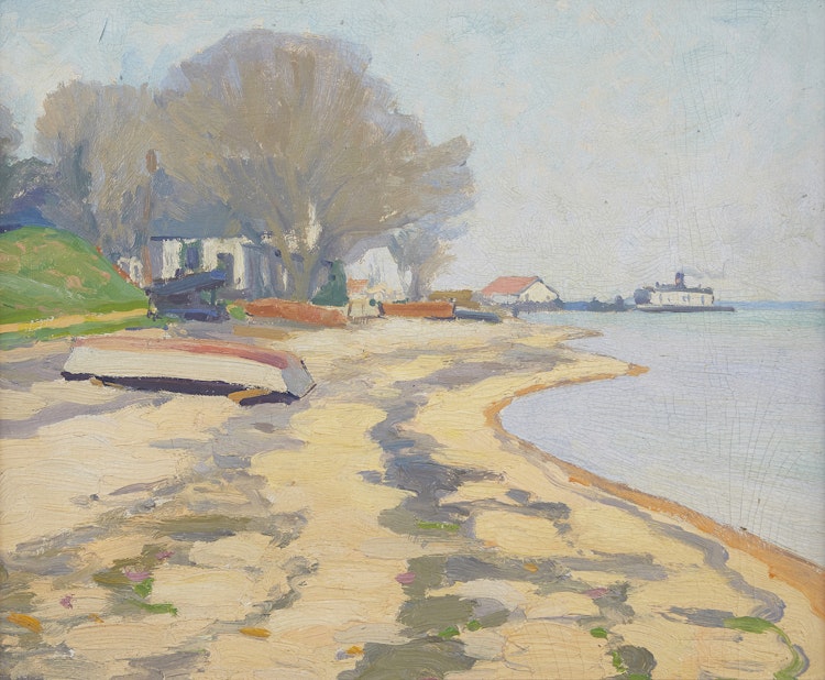 Artwork by Frederick Stanley Haines,  Beach Scene with Ferry