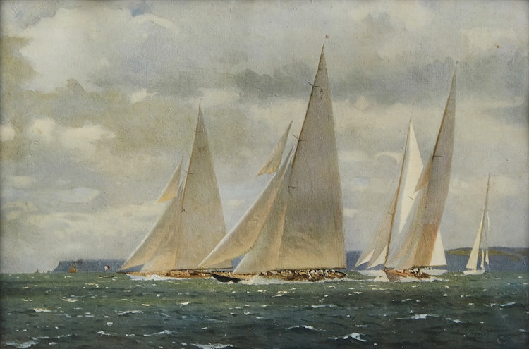 Artwork by Norman Wilkinson, H.M.Y. Britannia Racing at Tor Bay