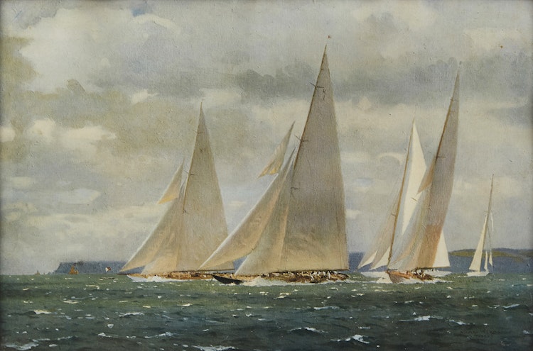 Artwork by Norman Wilkinson,  H.M.Y. Britannia Racing at Tor Bay