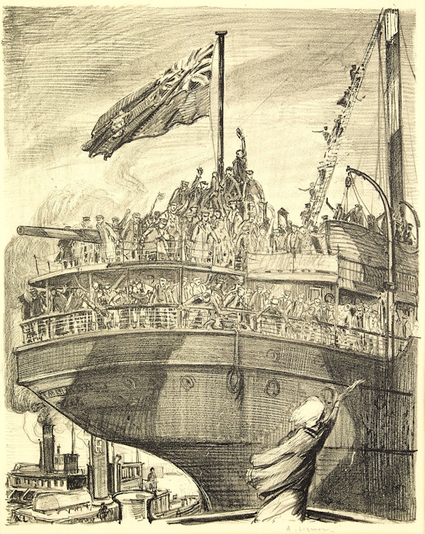 Artwork by Arthur Lismer,  Departure of a Troop Ship 1918-1919