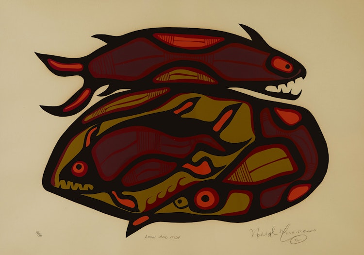 Artwork by Norval Morrisseau,  Loon and Fish