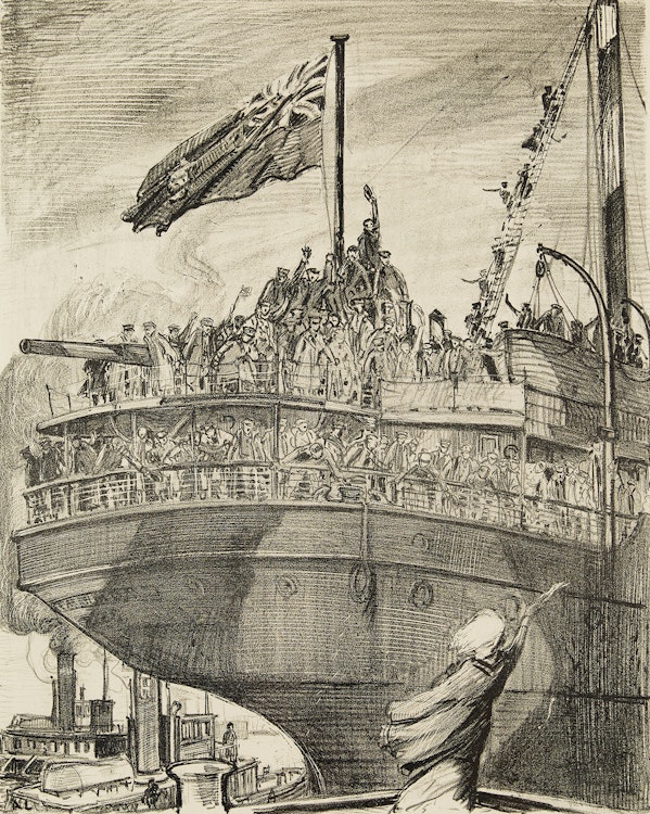 Artwork by Arthur Lismer, Departure of a Troop Ship 1918-1919
