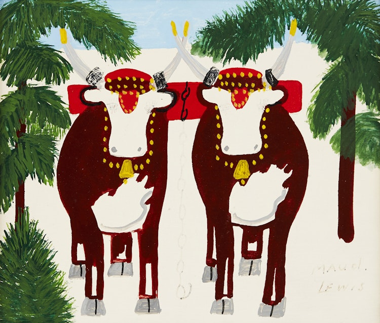 Artwork by Maud Lewis,  Pair of Oxen in Winter