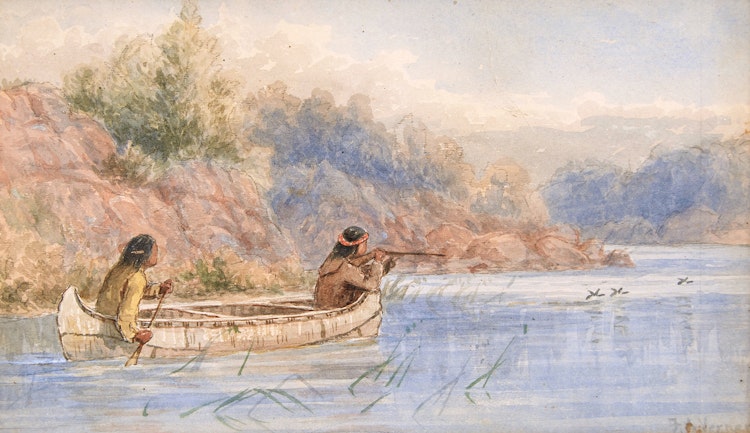 Artwork by Frederick Arthur Verner,  Hunting by Canoe