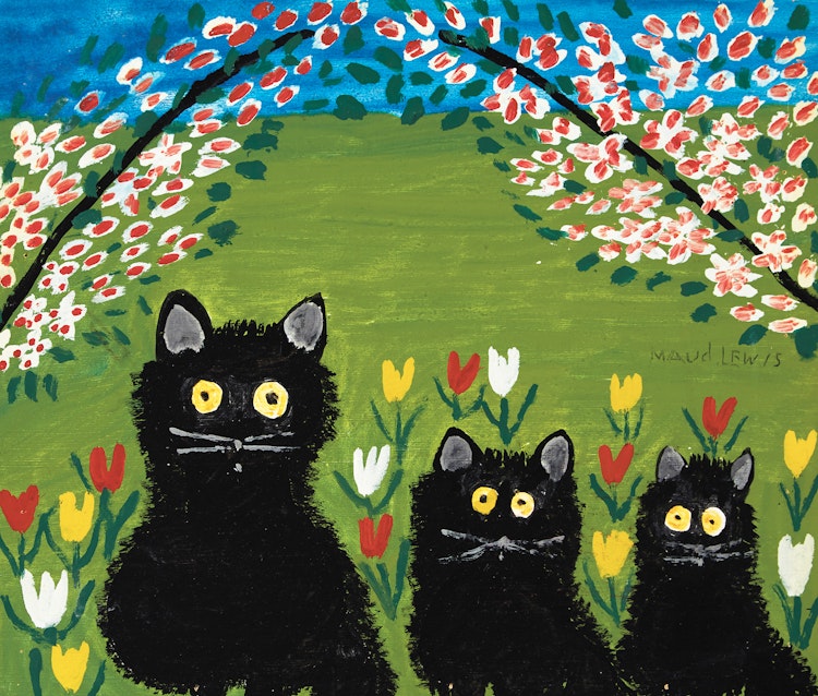 Artwork by Maud Lewis,  Three Black Cats