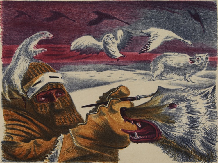 Artwork by Frederick Hagan, Examining Snow Creatures
