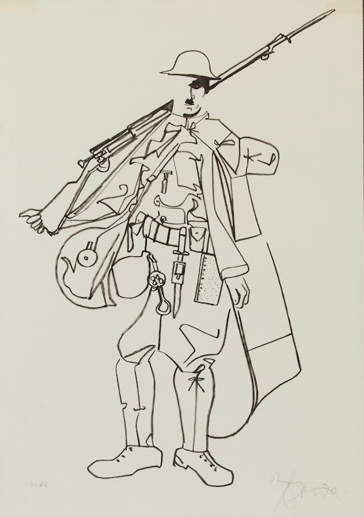 Artwork by Harold Barling Town,  Charlie Chaplin with Shoulder Arms