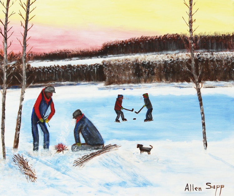 Artwork by Allen Sapp, Hockey on the Lake