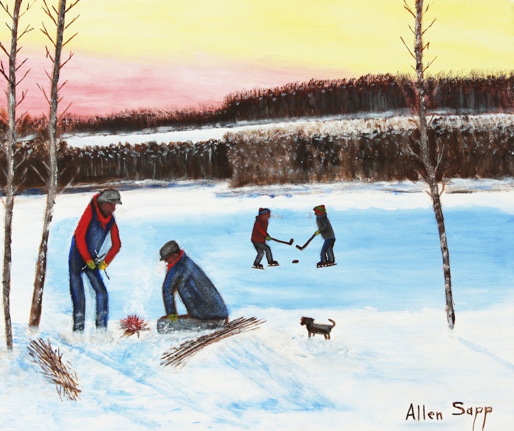 Artwork by Allen Sapp,  Hockey on the Lake