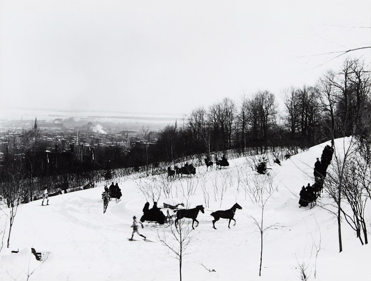 Artwork by  Notman & Son,  Sleighs of the Tandem Club and Snowshoers on Mount Royal