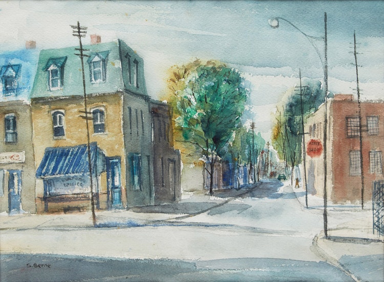 Artwork by Sidney Berne,  Street Scene; Rasco’s Hotel, rue St Paul, Montreal