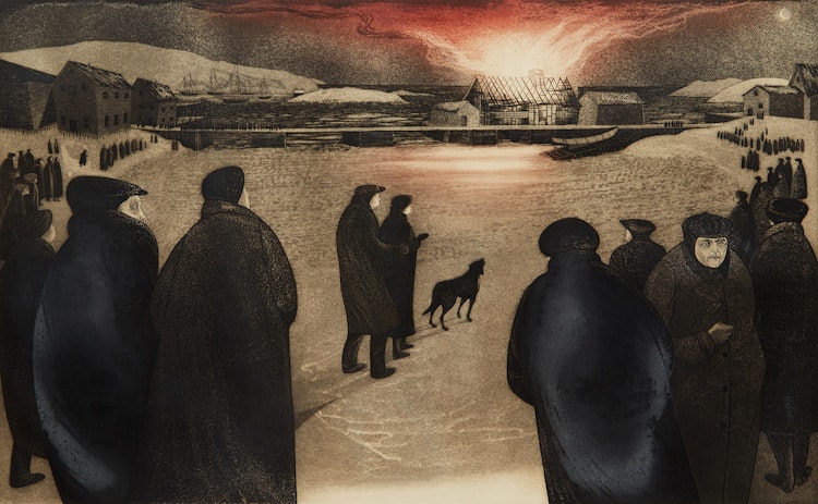 Artwork by David Lloyd Blackwood, The Burning of William Fifield’s Forge