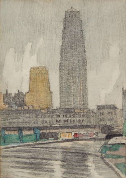 Artwork by Peter Clapham Sheppard, Canadian Bank of Commerce Building; Canada Malting Company Factory Scene; Getting Her Ready