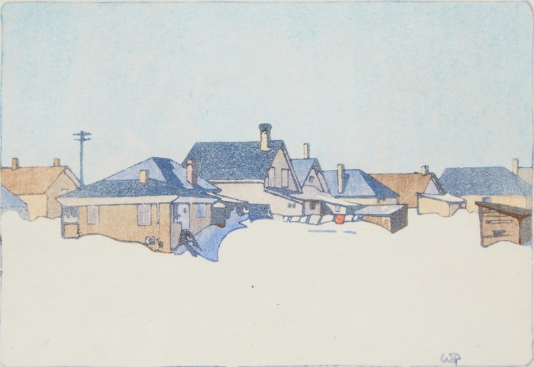 Artwork by Walter Joseph Phillips,  A Winnipeg Street Snowbound