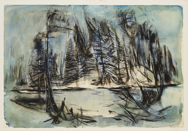 Artwork by Alexander Samuel Millar,  Six Pines in a Landscape; Evening Landscape with Pines; Abstract Coastal Landscape with Pines; Grey Landscape with Pines