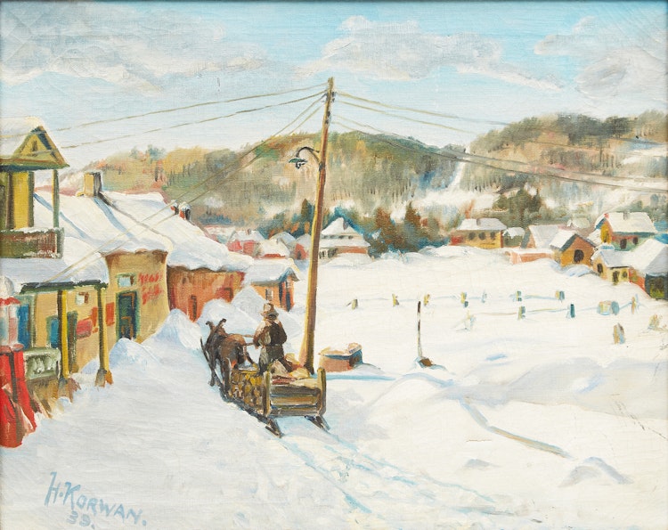 Artwork by H Korwan, Quebec Laurentian Village in Winter