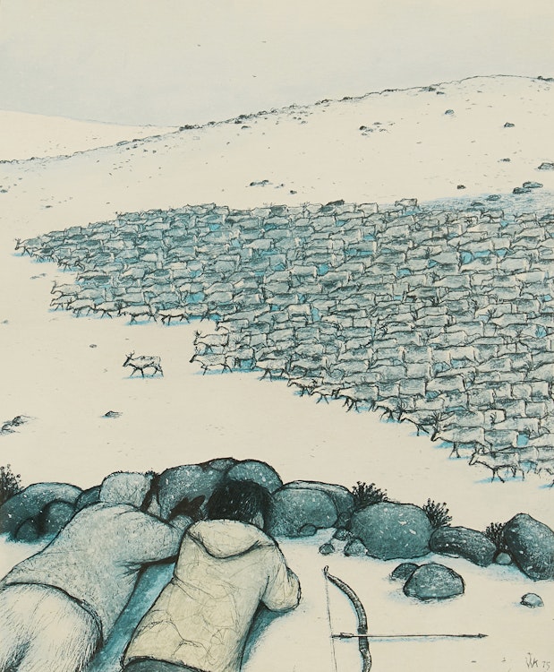 Artwork by William Kurelek,  Stalking Migrating Caribou