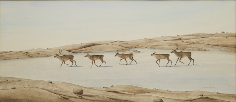 Artwork by Michael French,  Caribou Crossing Ice in the Fall