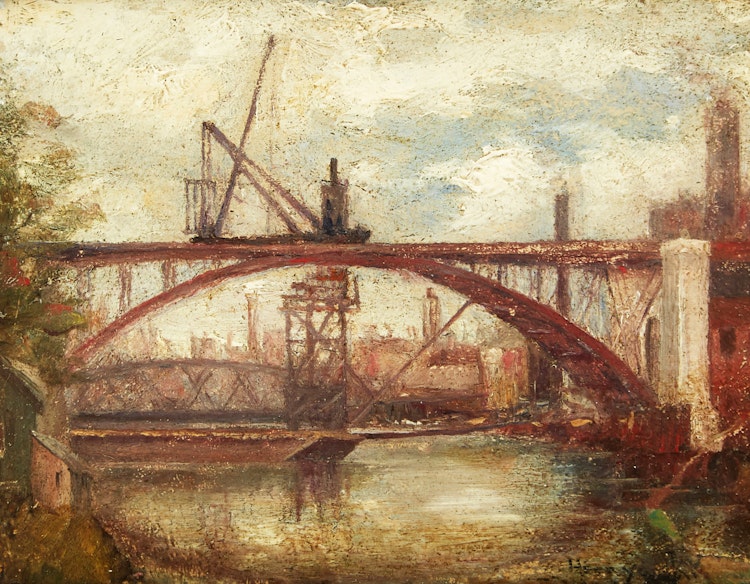 Artwork by Nicholas Hornyansky, Construction of the Bloor Street Viaduct, Toronto