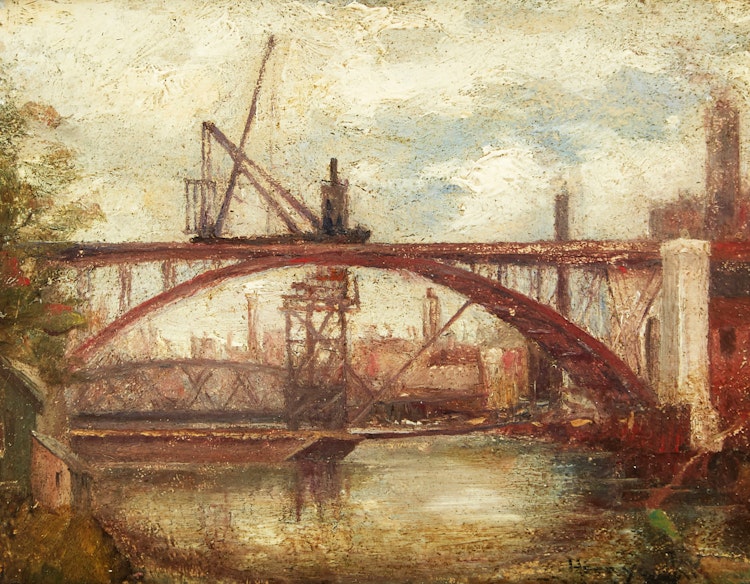 Artwork by Nicholas Hornyansky,  Construction of the Bloor Street Viaduct, Toronto