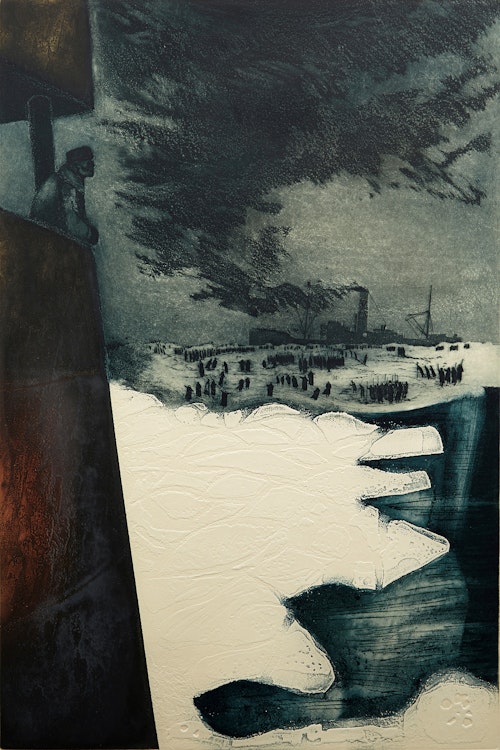 Artwork by David Lloyd Blackwood, S.S. Imogene with Crew on Ice as Seen from the S.S. Eagle