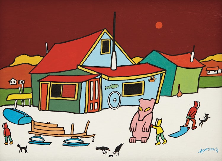Artwork by Ted Harrison, Curries Corner Cabin, Tagish, Yukon