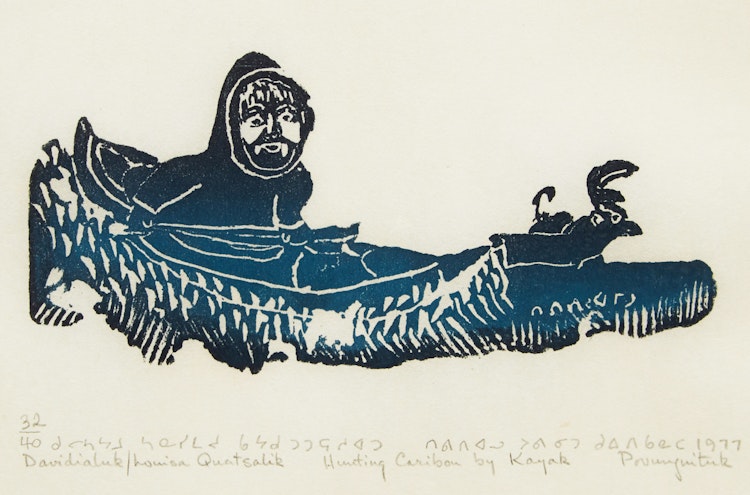 Artwork by Davidialuk Alasua Amittu, Hunting Caribou by Kayak