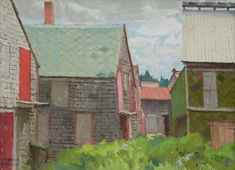 Artwork by George Franklin Arbuckle,  Deserted Fish Drying Houses, Seal Cove, Grand Manan, NB