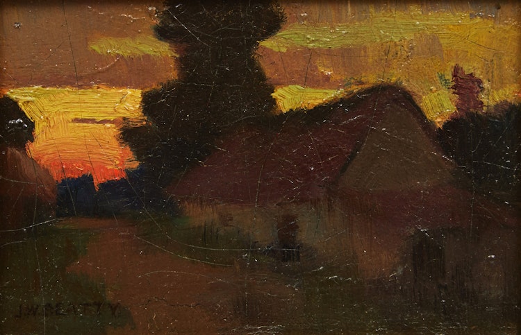 Artwork by John William Beatty, Cottage at Dusk